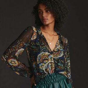 Anthropologie Black Graphic Long Sleeve Blouse